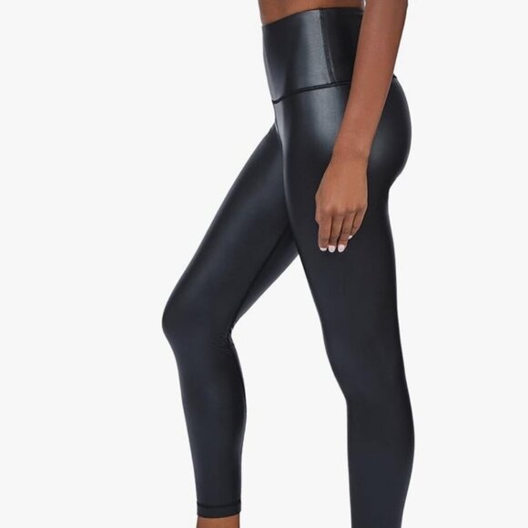 MOTO LEGGINGS FAUX LEATHER BLACK EMO  HIGH RISE FREE WAISTBAND ANKLE LENGTH GOTH - Picture 4 of 13